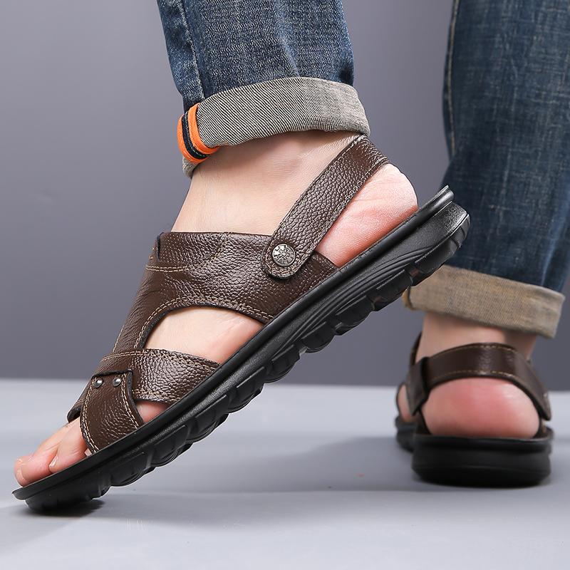Men Black Leather Sandals Summer Brown Outdoor Hiking Sandals Outdoor Wide Head Beach Shoes for Father Over Sized