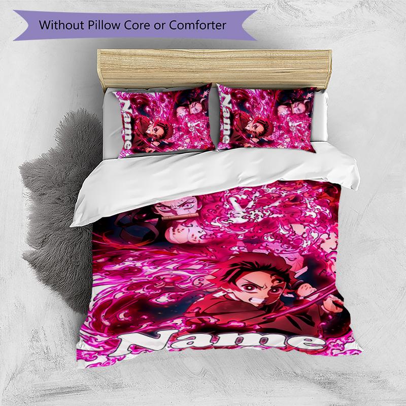 3pcs Custom Name Demon Slayer Tanjiro Kamado Bedding Set Duvet Cover Closure Includes 1 Duvet Cover & 2 Pillowcases for All Seasons Bedroom Decor