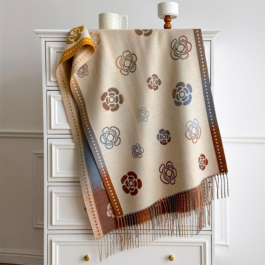 Women's vintage floral jacquard scarf—a large, faux-cashmere wrap featuring contrasting-color tassels, suitable for layering.