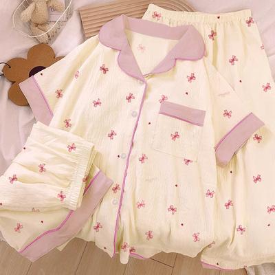 Летняя пижама женская с короткими рукавами, милая, из облачного хлопка, с бантом, для девочки, летняя домашняя одежда, набор из трех предметов