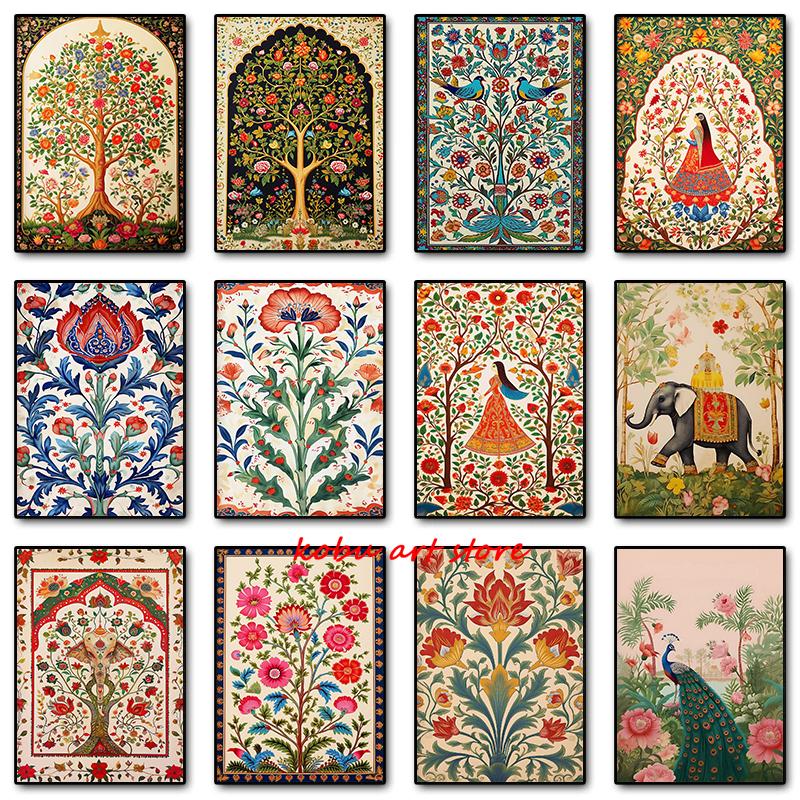 Индийское народное искусство Цветочный узор Древо жизни Павлин Винтажный постер Холст Живопись Принт Настенная картина для гостиной Домашний декор