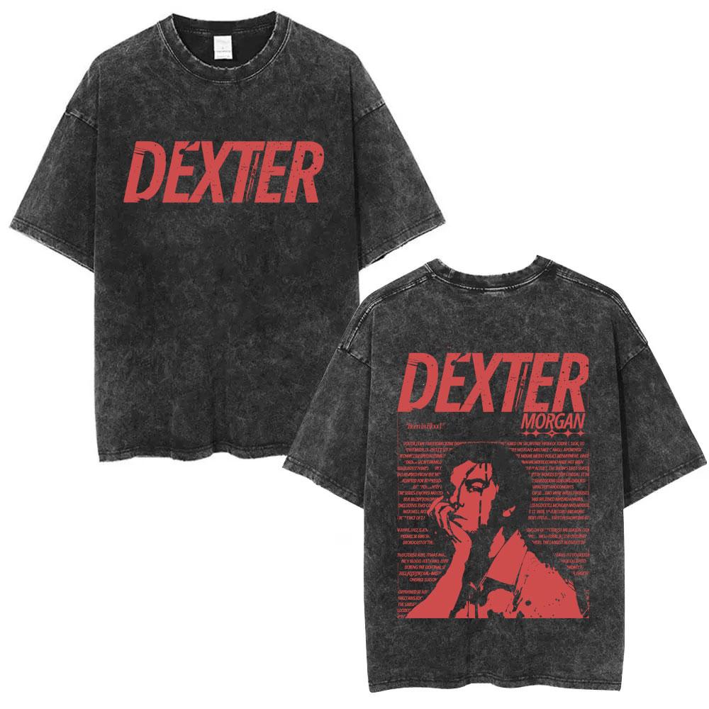 Washed Vintage TV Play Dexter Morgan Face Graphic Tshirt Men Women Casual Cotton Oversized T Shirt Male Classic Gothic Tshirts