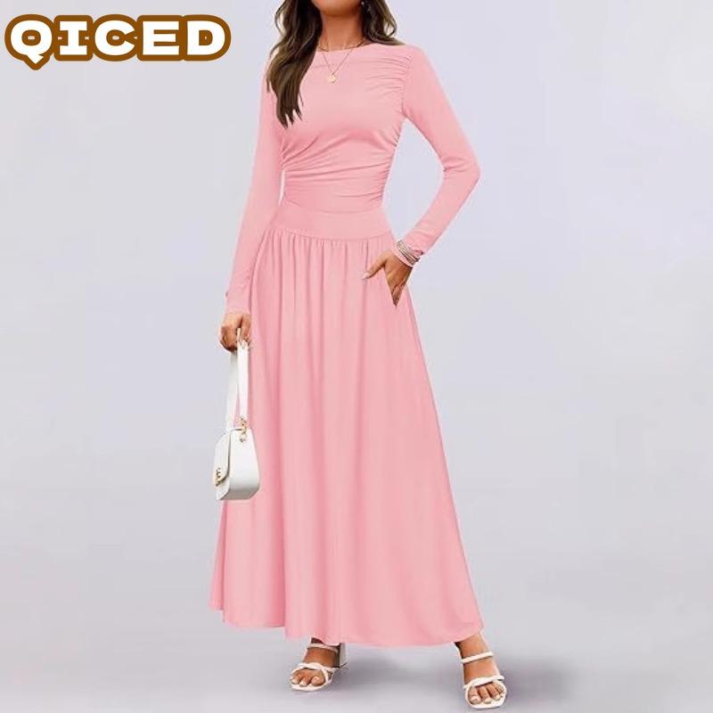 QICED Модные осенне-зимние однотонные платья с принтом, с длинным рукавом, с круглым вырезом, повседневные, уникальный дизайн