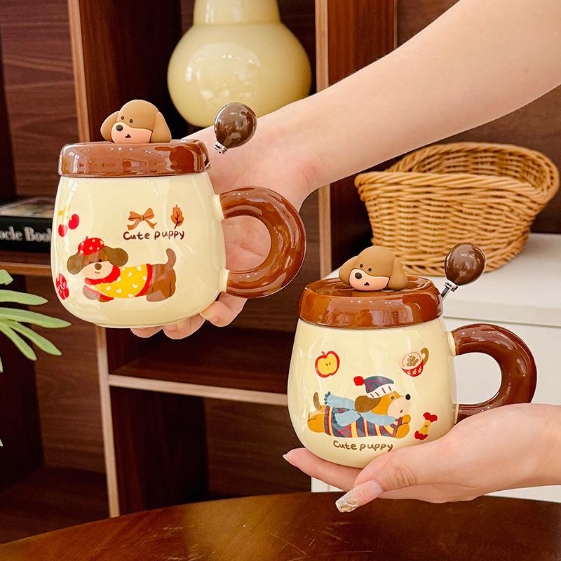Cartoon Dachshund Puppy Ceramic Mug with Lid Spoon Cute Breakfast Cup Home Milk Oatmeal Cup Souvenir