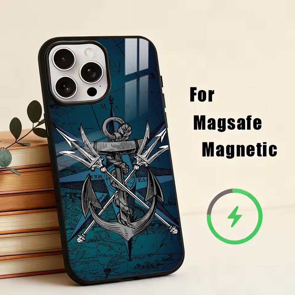 Anchor Compass N-Nautical Sailor Phone Case For iPhone17,16,15,14,13,12,11 Plus,Pro Magnetic For Magsafe Wireless Charging