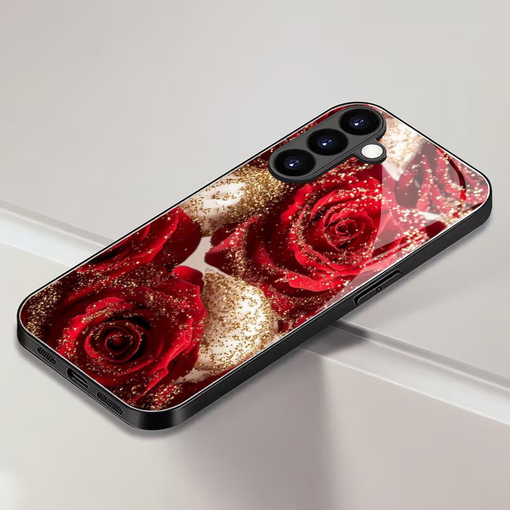 Черный закаленный стеклянный чехол для телефона с рисунком розы для Samsung Galaxy S26 S25 S24 S23 S22 S21 S20 fe/plus/ultra противоударный