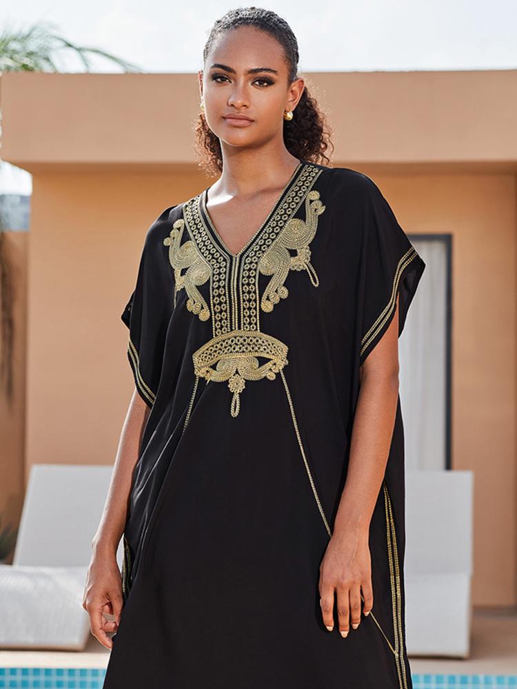 EDOLYNSA Женский кафтан с вышивкой вина, длинное платье, наряд, мягкая одежда в стиле бохо для отдыха, непринужденная пляжная одежда, одежда для отдыха, платье Moo Moo