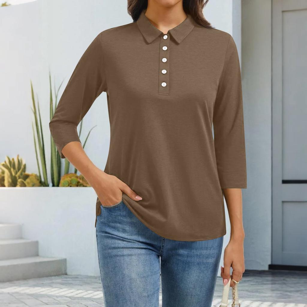Women's Fashion Casual Lapel Short 3/4 Sleeve Solid Color Shirt Women's Button Up Tops