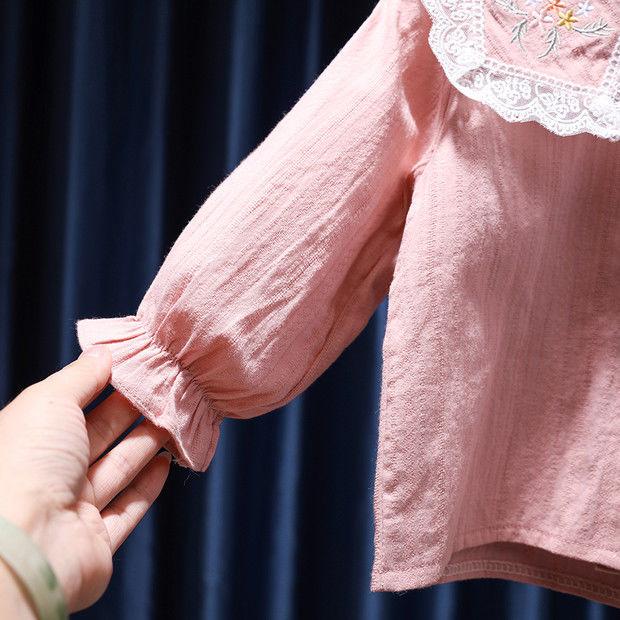 Рубашка с длинными рукавами для маленьких девочек, топ с цветочной вышивкой и лацканами, детская одежда