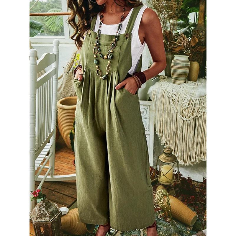 Summer Women's Jumpsuit Thickened Ramie Cotton Solid Color Sleeveless Casual Wide Leg Side Buckle Jumpsuit