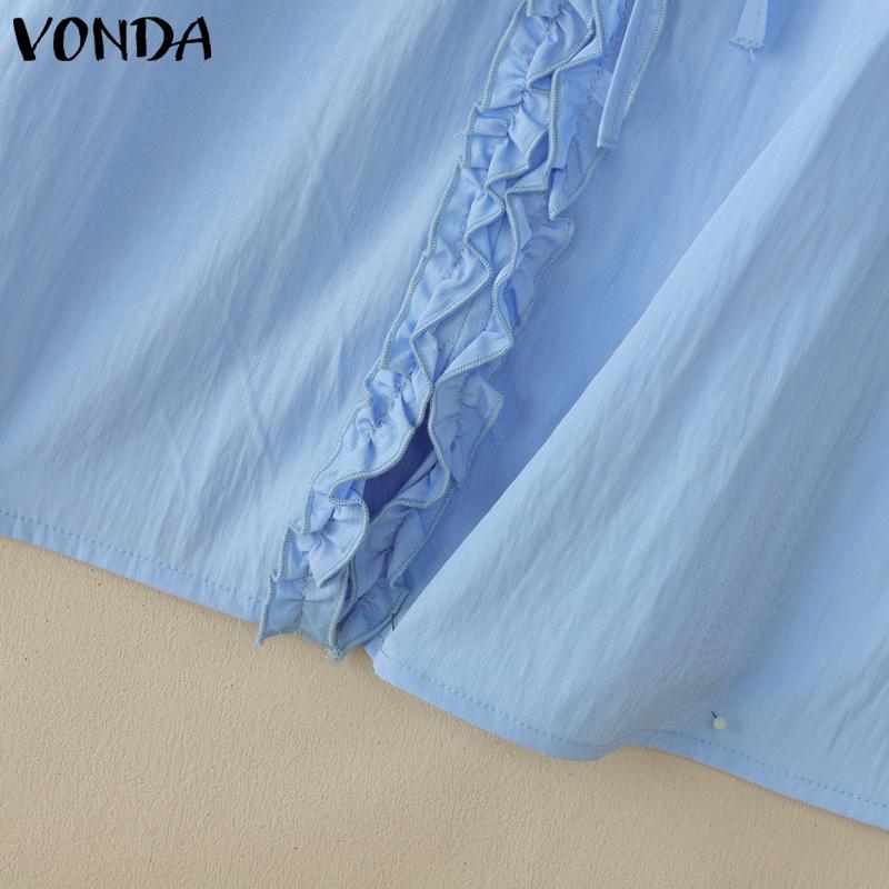 VONDA Women V Neck Puff Sleeve Buttons Up Ruffled Solid Casual Blouse