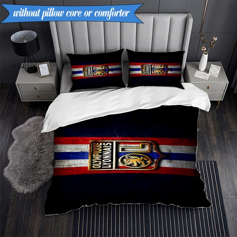 3PCS Lyon Football Crest Printed Soft Bedding Set,Including 1pc Duvet Cover And 2pcs Pillowcases Perfect for Bedroom, Dormitory, Fan gift
