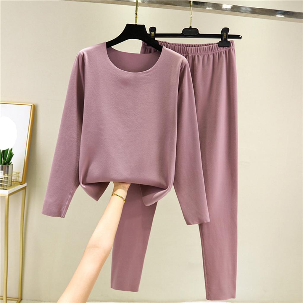 Ladies' Casual And Comfortable Long Sleeved Solid Color With Thick Velvet Sleepwear And Warm Pants Set