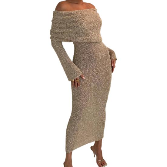 Вязаное платье макси для женщин с длинным рукавом, прозрачное открытое плечо, элегантное длинное платье для вечеринок, пляжа