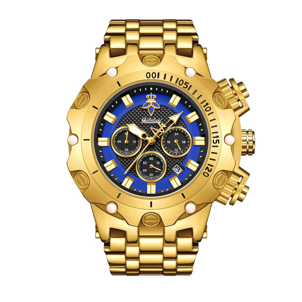YaLaLuSi Men's Multifunctional Luxury Watch Gold Strap with Atmospheric Dial Fashionable and Practical Gift Box