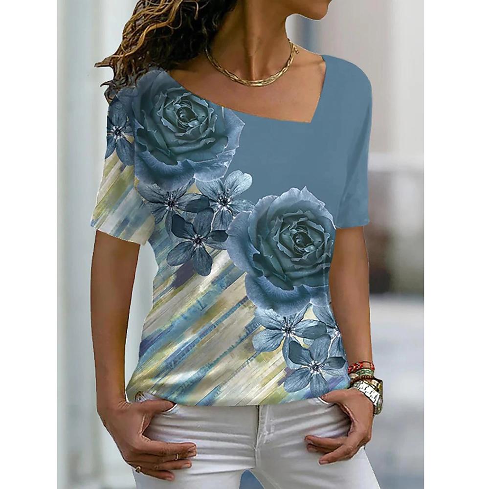Женские футболки с цветочным принтом Женская одежда Топы с короткими рукавами Толстовки с v-образным вырезом Уличная одежда Футболки большого размера Женская футболка