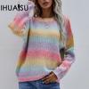 Women's Autumn and Winter Pullover Striped Hundred O-Neck Knitwear Loose Large Size Rainbow Sweater