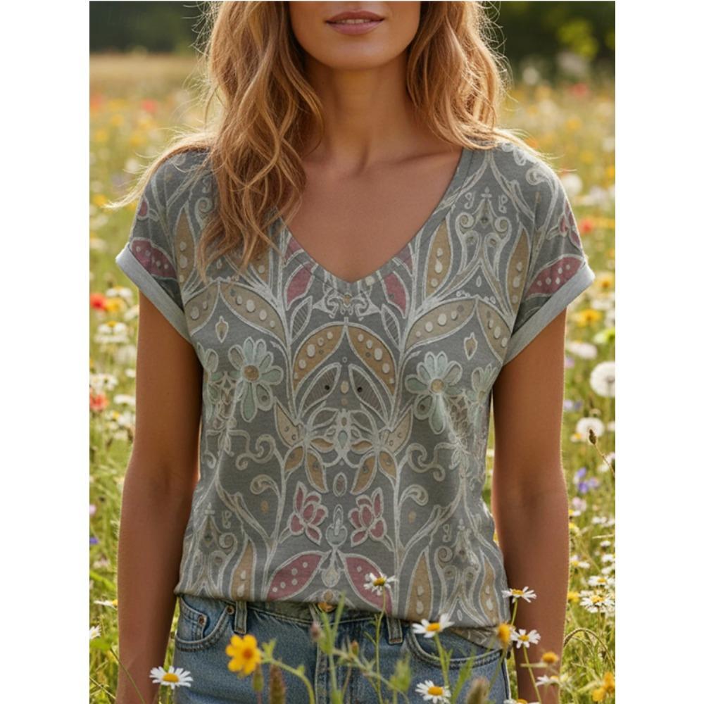 Women Summer T Shirt  Beautiful Flowers Print Short Sleeve Tees Casual Printed Tops
