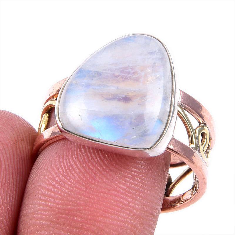 Natural Rainbow Moonstone Gemstone 925 Solid Silver Two Tone Ring Size 10US M2Z99