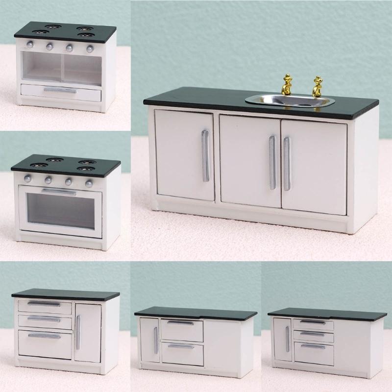 1:12 Scale Dollhouse Kitchen Cabinet DIY Miniature Dolls House Furniture Cupboard Crafts Sink Stove Accessory Toy