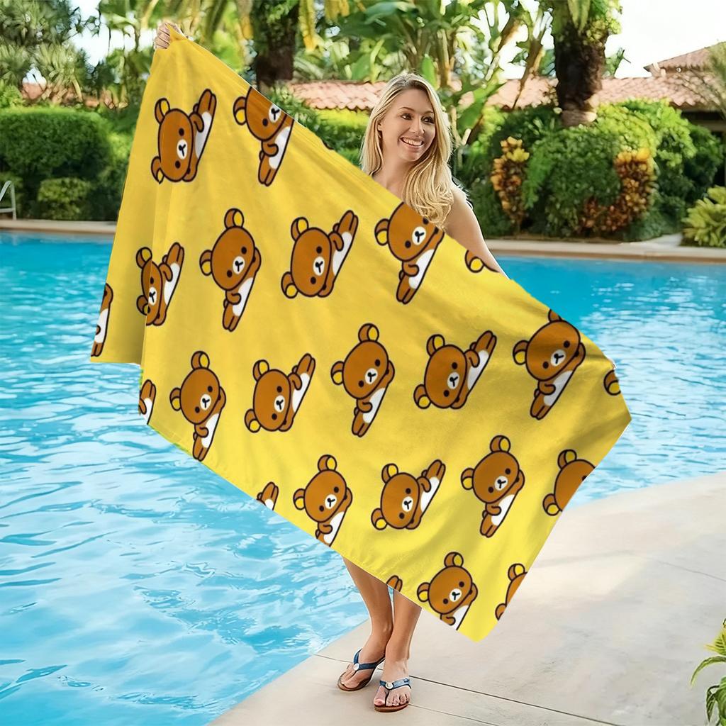 Пляжное полотенце R-Rilakkuma с принтом по всей поверхности, милый желтый медведь, быстросохнущее полотенце, для бассейна, путешествий, кемпинга и повседневного использования