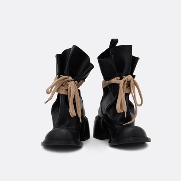 2025 spring new retro babes pile boots women's thick heel thin fashion boots round head height increase versatile Martin boots