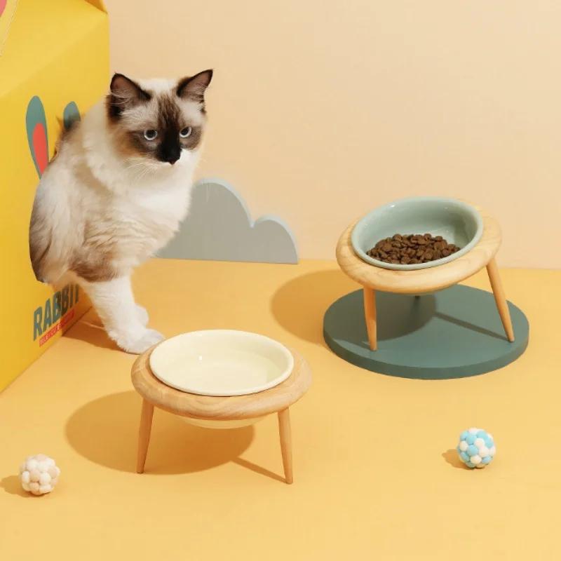 800ml Cat Food Water Bowl with Wood Stand Small Medium Dogs Elevated Drinking Eating Feeder Pet Cat Dog Ceramic Feeding Supplies