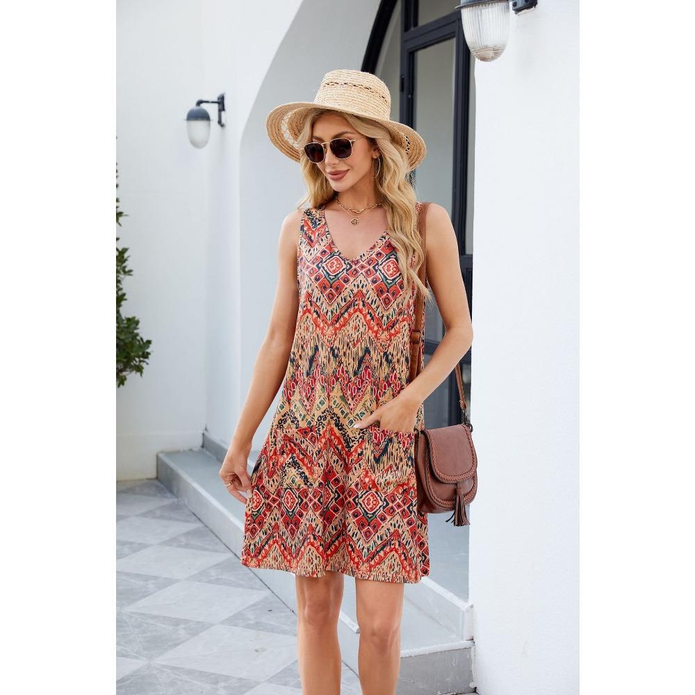 Летнее новое платье-комбинезон в стиле бохо с принтом, свободное повседневное платье без рукавов