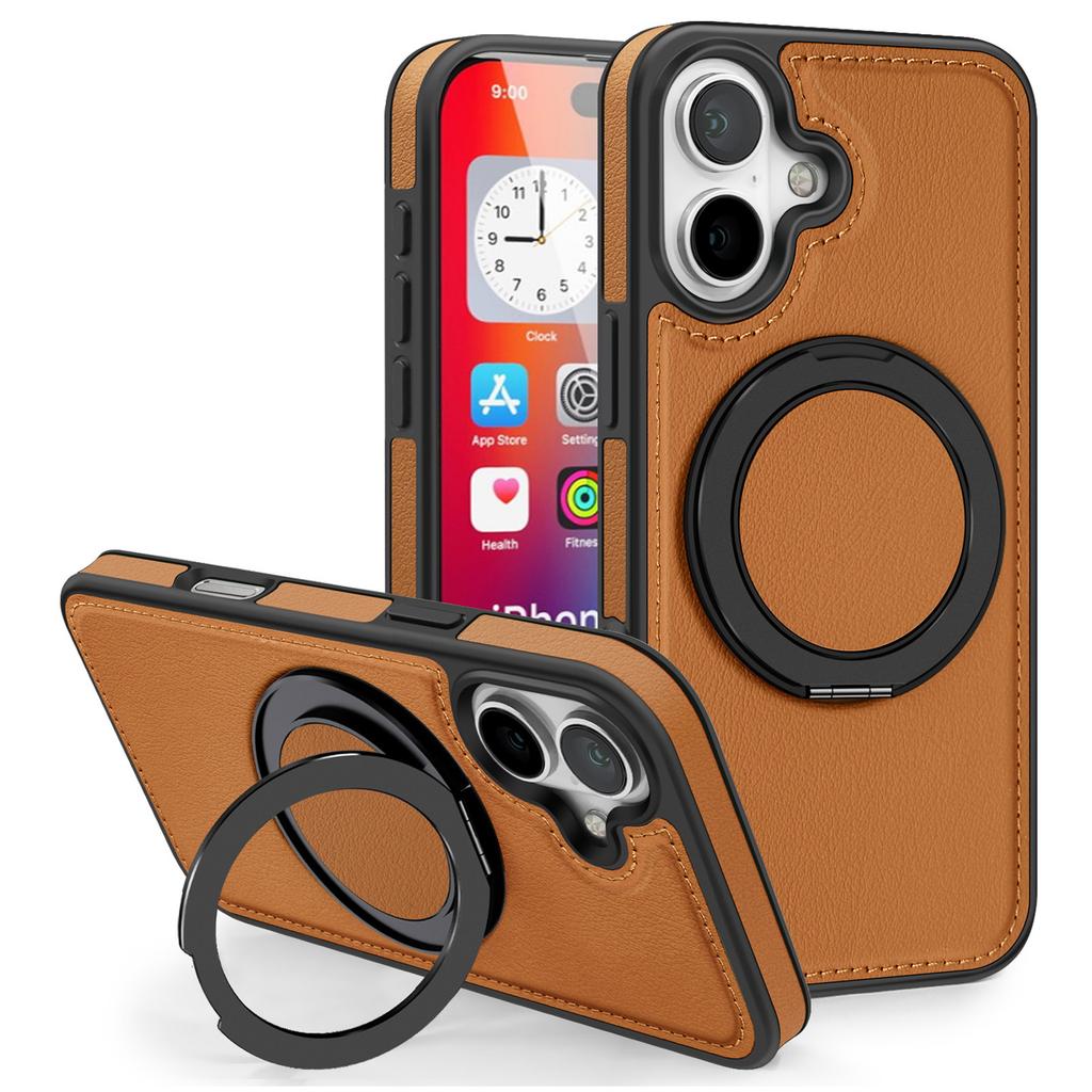Чехол для iPhone 16 с кольцом-подставкой, совместимый с MagSafe, задняя крышка из ПУ-кожи