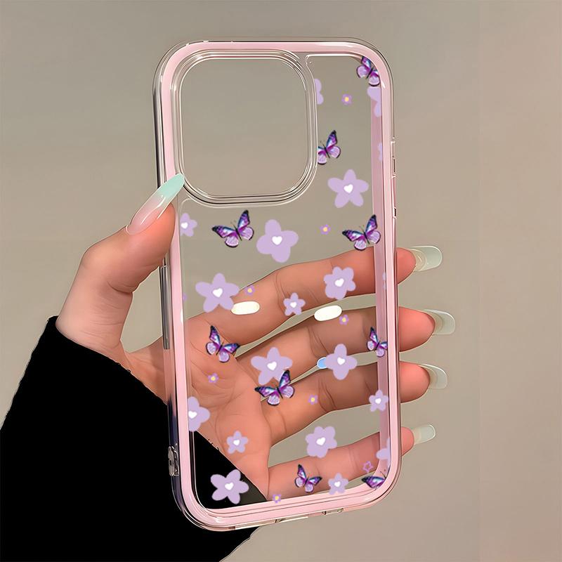 Purple Flower Butterfly TPU Transparent Pink Phone Case For iPhone 11 12 13 14 15 16 17 Pro Max Plus Shockproof Silicone Cover