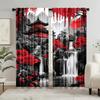 2pcs Japanese Landscape Ink Painting Polyester Curtains, Semi-Sheer Rod Pocket, Machine Washable, Decorative Panels for Bedroom,
