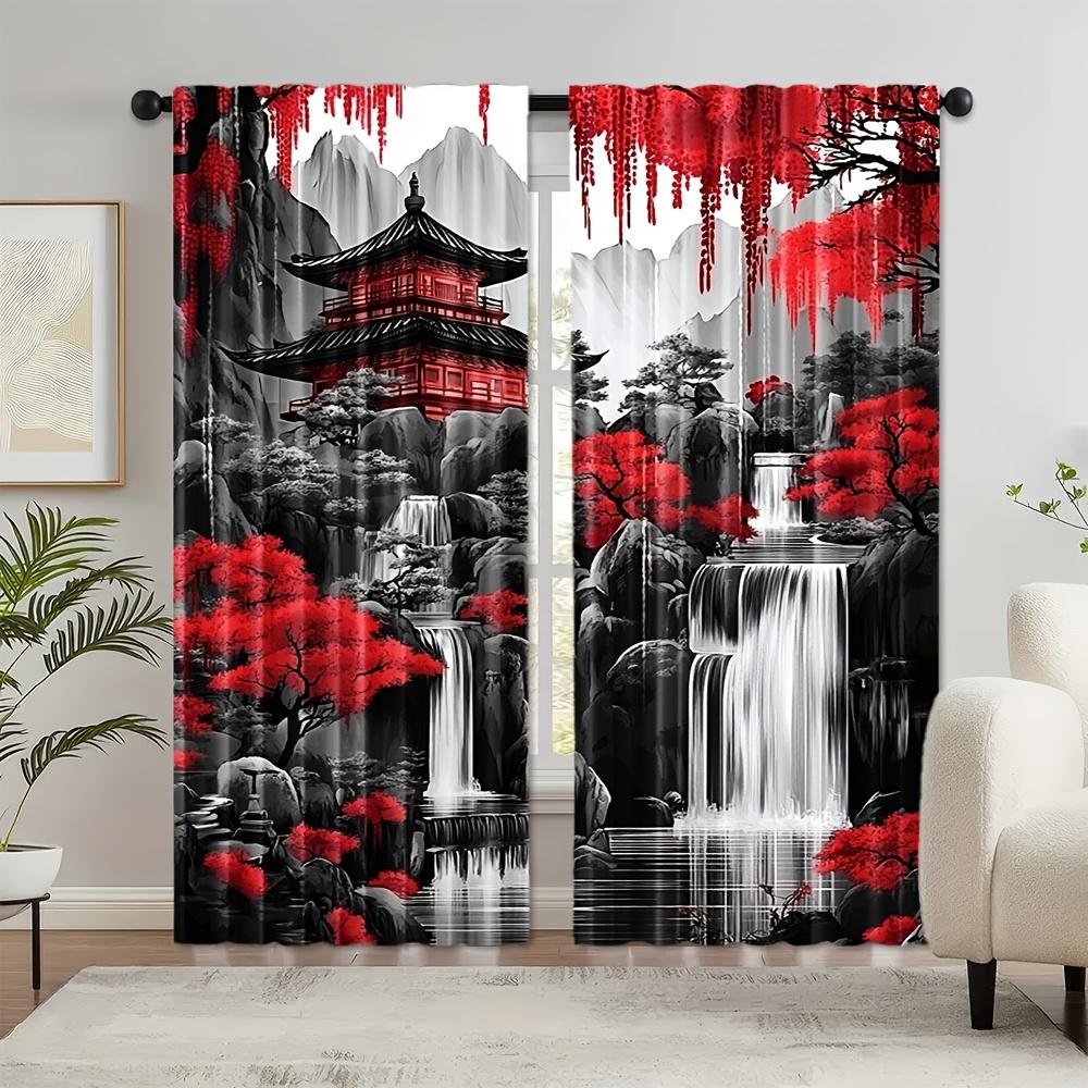 2pcs Japanese Landscape Ink Painting Polyester Curtains, Semi-Sheer Rod Pocket, Machine Washable, Decorative Panels for Bedroom,