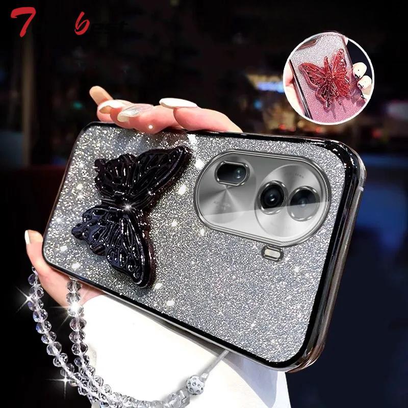 3D Butterfly Phone Holder Crystal Bracelet Glitter Plating Case for OPPO Reno 11 10 8 7 Pro 4G 5G Cover