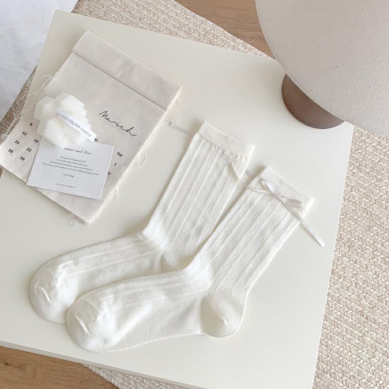 Summer Thin Hollow Mid-tube Socks with Side Bow Ribbon Ballet Style Cream Lolita JK Mesh Socks