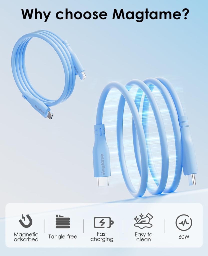 Magtame Silicone Magnetic PD60W Fast CTOC 480Mbps Data Compatible with iPhone MacBook Type-C Cable, Material, Adsorption, Tangle-Resistant, Type-C