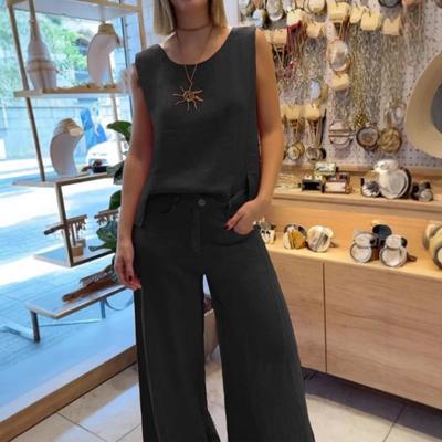 Женский комплект из 2 предметов из хлопка и льна, безрукавки, с круглым вырезом, широкие брюки, комплекты для отдыха с карманами