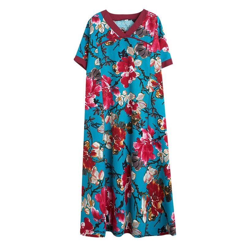 Летнее свободное платье большого размера в китайском стиле с V-образным вырезом, контрастное хлопковое льняное платье с короткими рукавами, утягивающее, средней длины, для женщин, платья