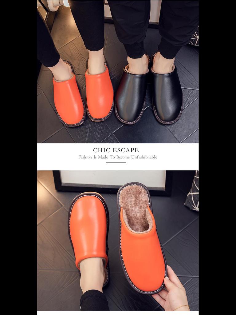 Водонепроницаемые кожаные шлепанцы слипоны с теплой плюшевой подкладкой для пар