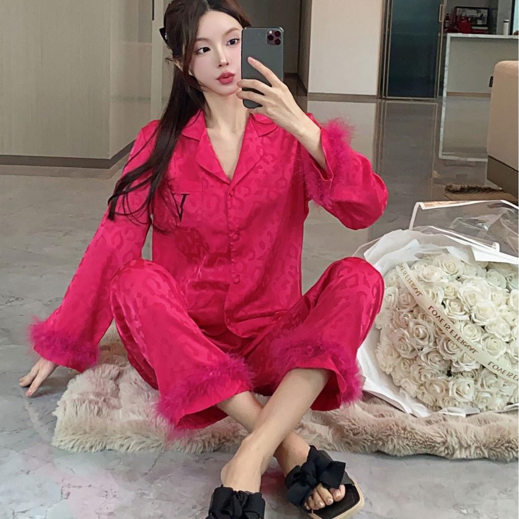 Jacquard Spring Feather Ice Silk Pajamas for Women Light Luxury Silk Satin Home Clothes