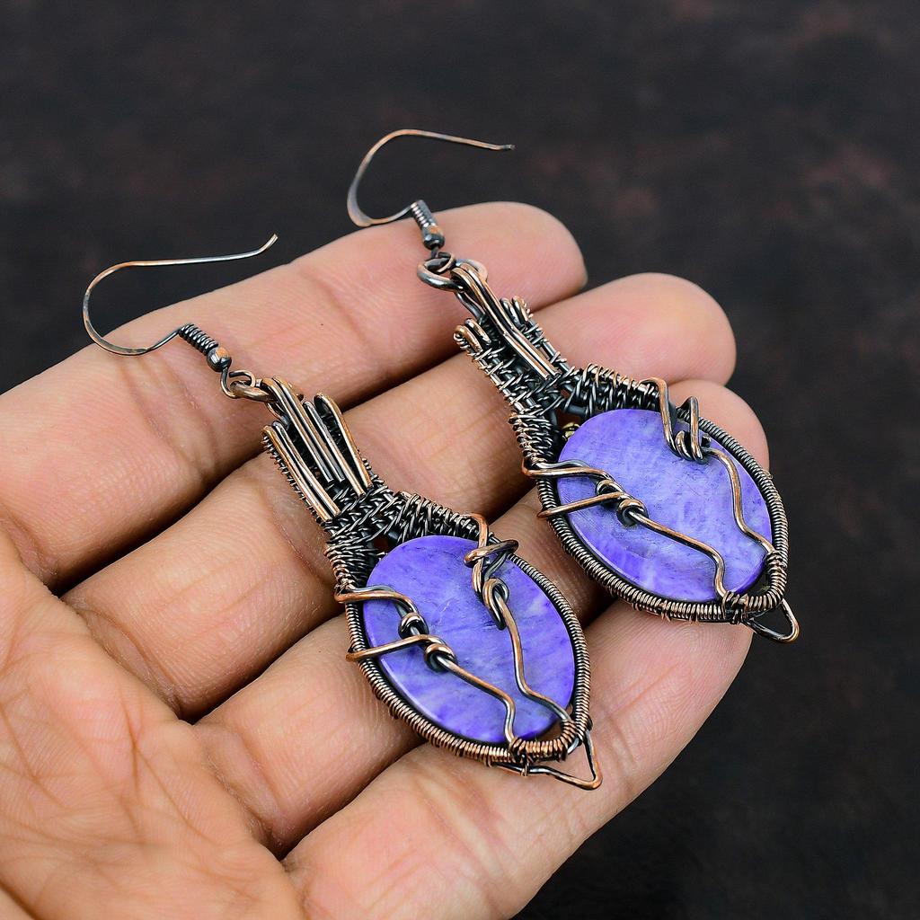 Charoite Earring Copper Wire Wrapped Earrings Charoite Handmade Jewelry Designer Earring Gemstone Earrings Gifts For Mom Copper Wire Jewelry