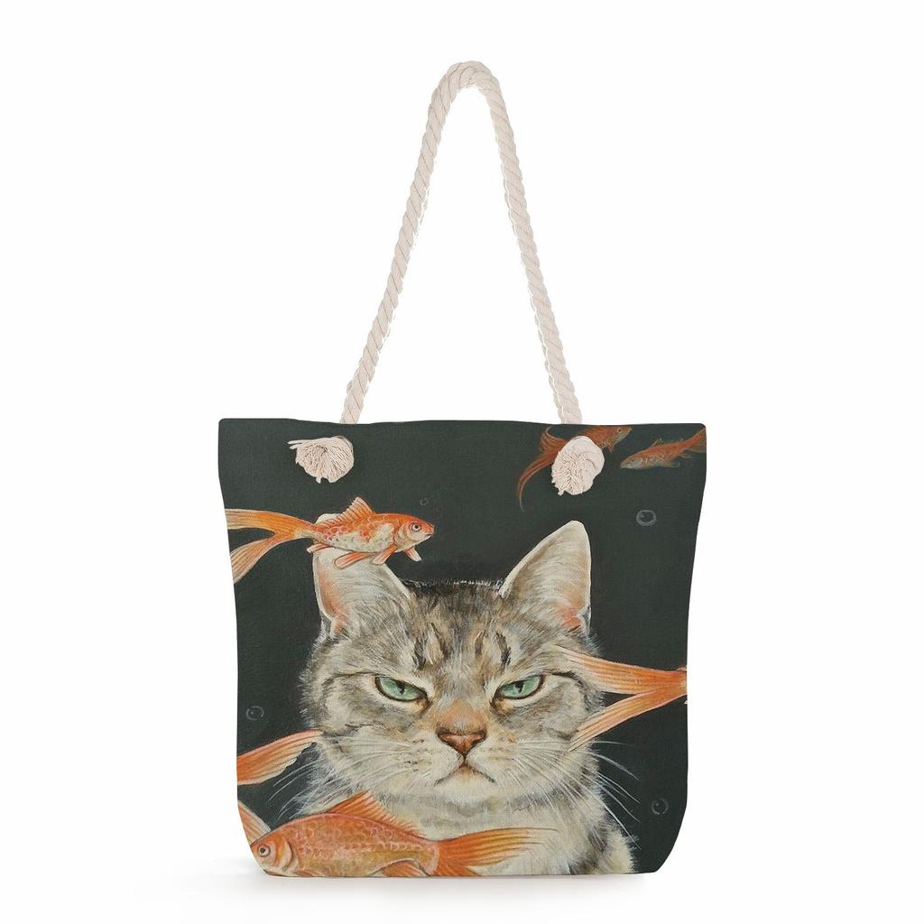 Cat print thick rope single-shoulder beach bag 7215 KTB