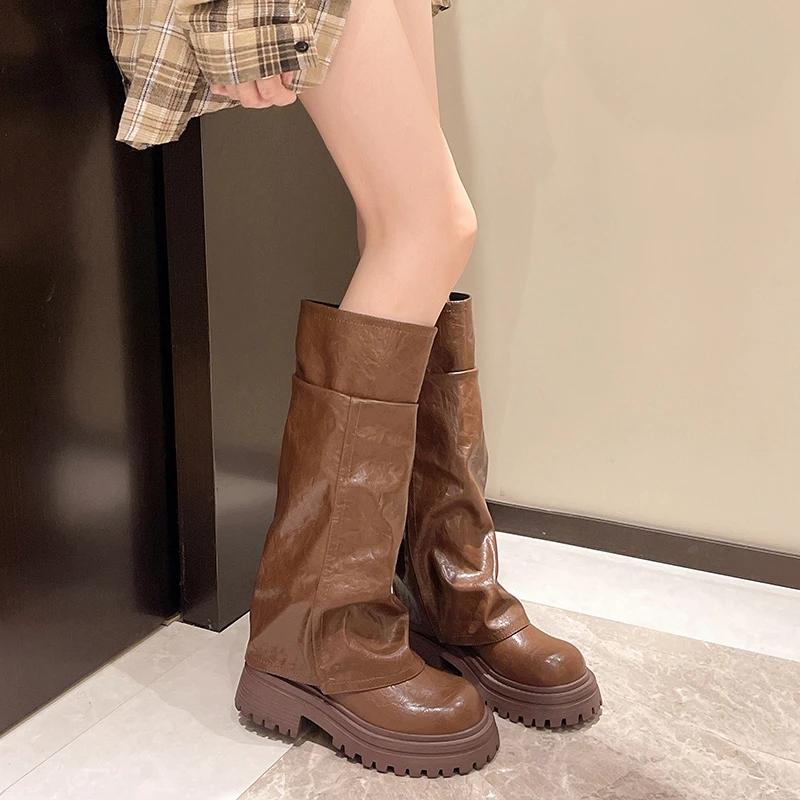 Womens Winter New Fashion Round Toe Designer Vintage Motorcycle Bootsoutdoor Slip-on Party Dress Womens High Boots Plus Size