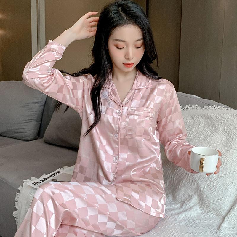 Весна-Осень однотонная клетчатая женская пижама из тонкого искусственного шелка и атласа, пижамный комплект с длинным рукавом, большой размер, женская домашняя одежда