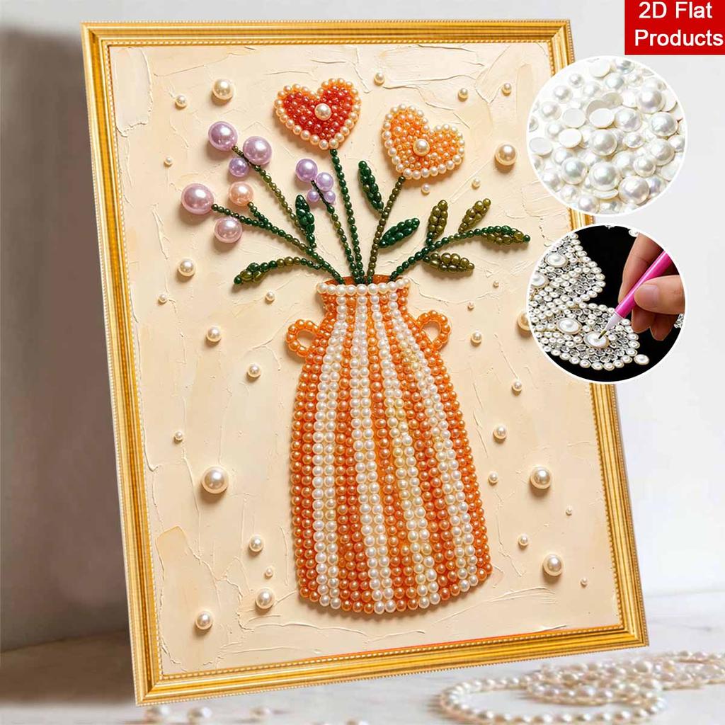 Pearl Painting Art Handmade Orange Vase Heart Flowers Bouquet Pearl Bead Wall Decor DIY Pearl Decoration Painting