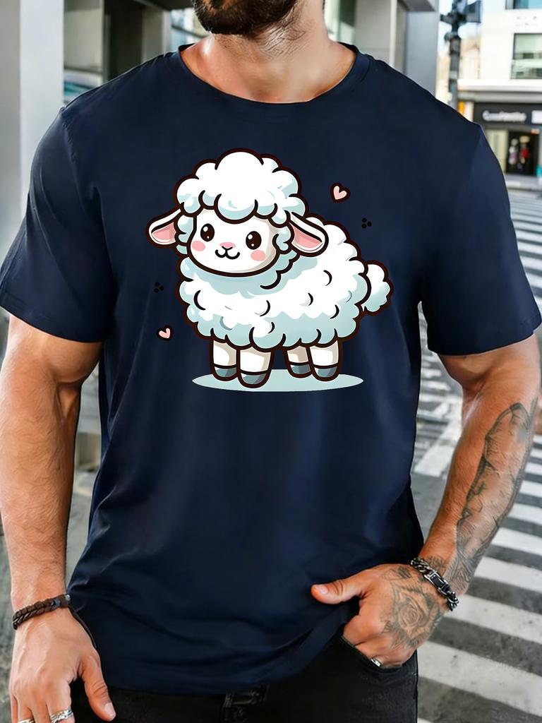 Unisex Red Tee Cute Cartoon Lamb With Tiny Love Hearts Print Short Sleeve Loose Casual Basic Top For Adult Male Daily Wear Outfit