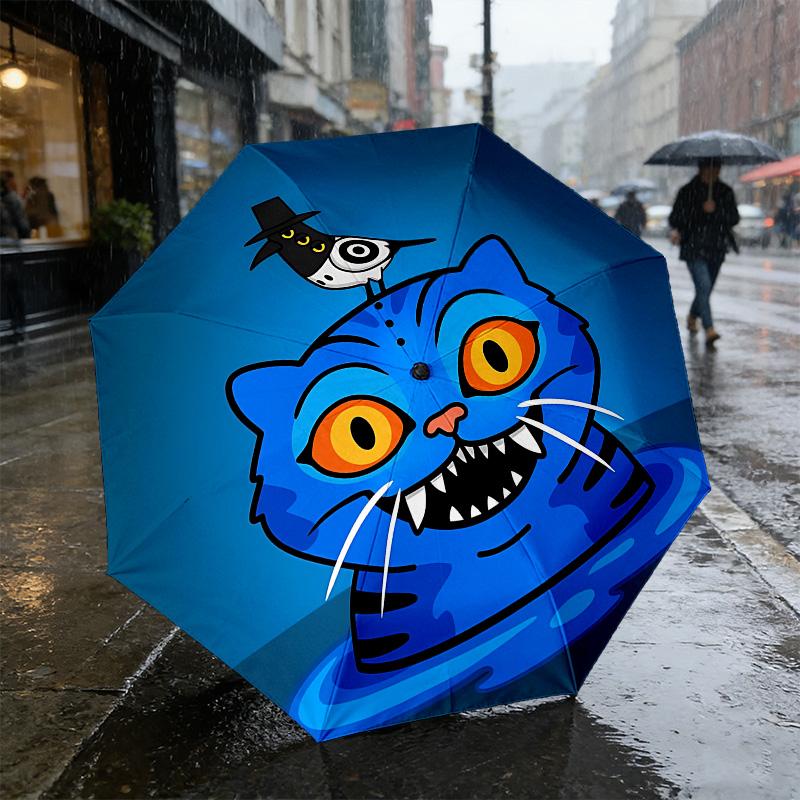 Blue Cat Crow 8 Ribs 3Fold Black Glue Uv Protection Umbrella Sun Protection Rainproof Compact Folding Umbrella For Travel Daily Use C923644