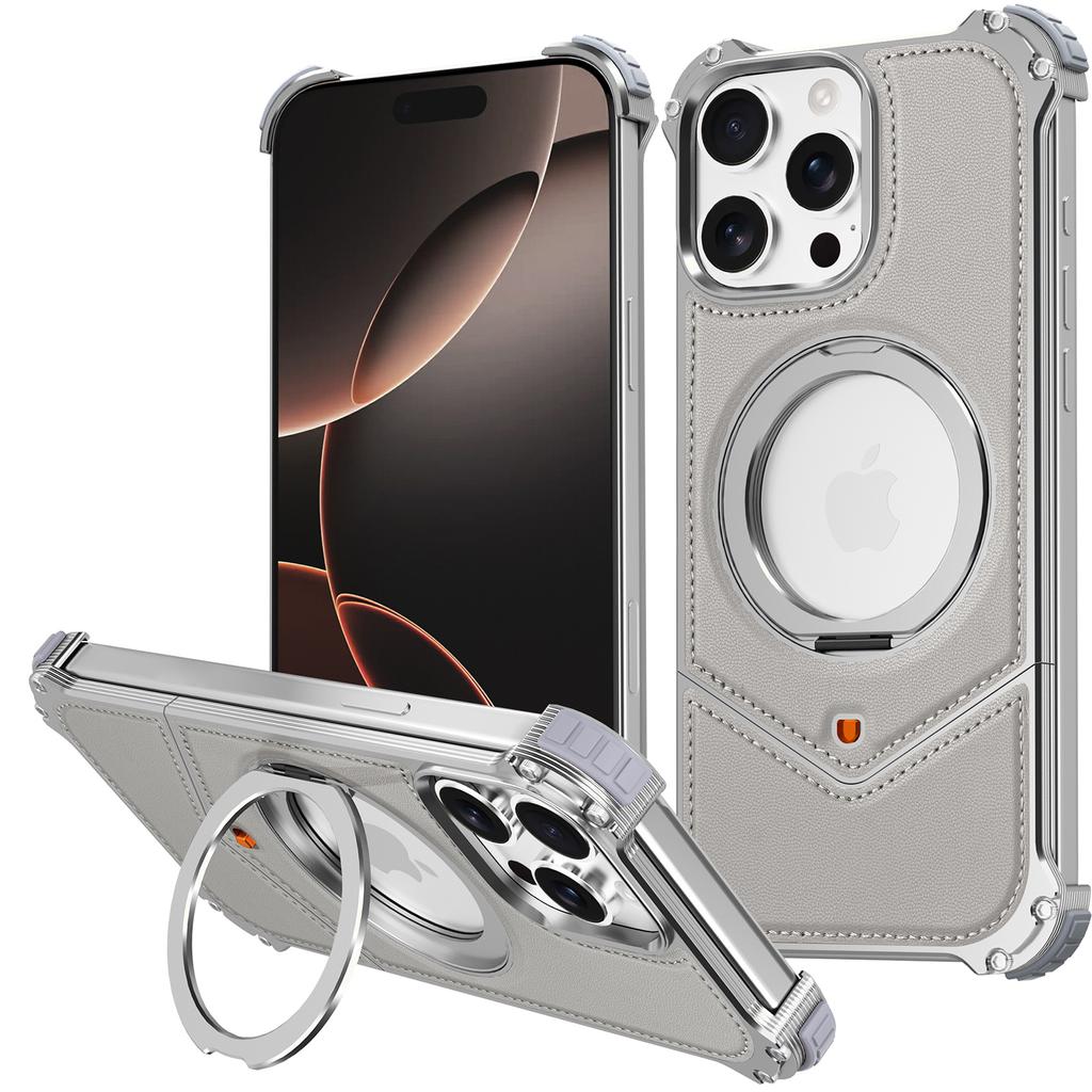 Чехол для iPhone 14 Pro Max, задняя крышка для телефона из металла без бортов, обтянутая ПУ, с подставкой