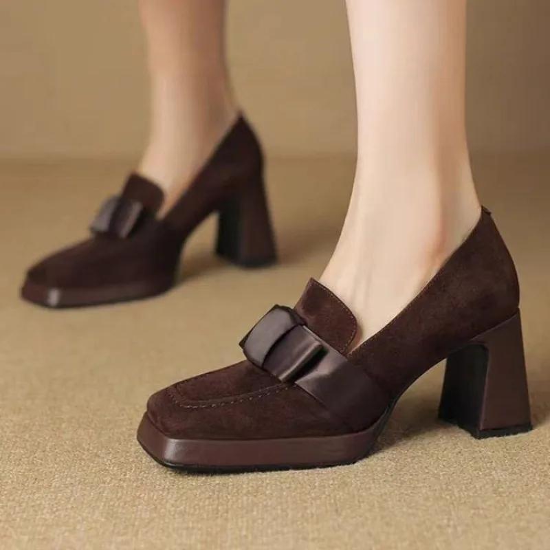 Женские туфли с бантом и квадратным носком на высоком каблуке, элегантные замшевые туфли на платформе, женский бренд 2025 года, модные туфли для офиса и вечеринки, Zapatos Mujer