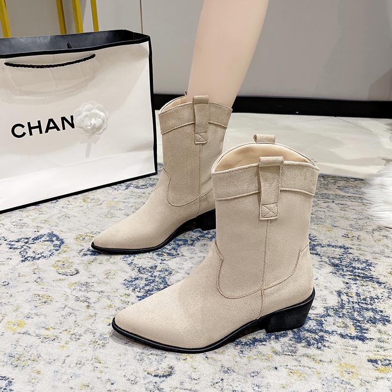 Модные женские остроносые ковбойские сапоги в стиле вестерн, женские сапоги на толстом каблуке до середины икры, модные осенне-зимние ретро-сапоги, женские полусапожки до середины икры