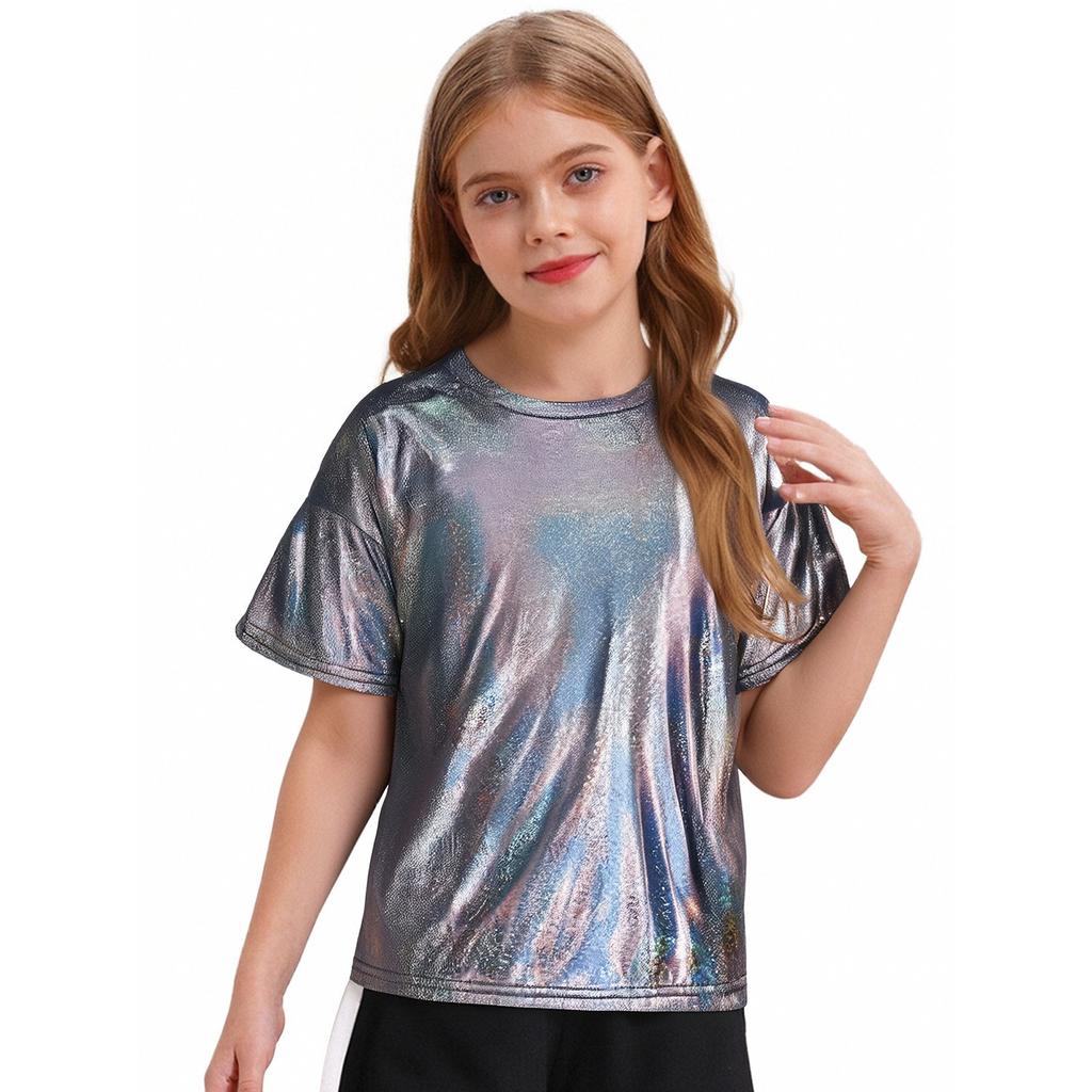 Unisex Kids Metallic Shiny Jazz Dance Top Sparkly T-shirt Performance Wear Boys Girls Dance Class Outfit